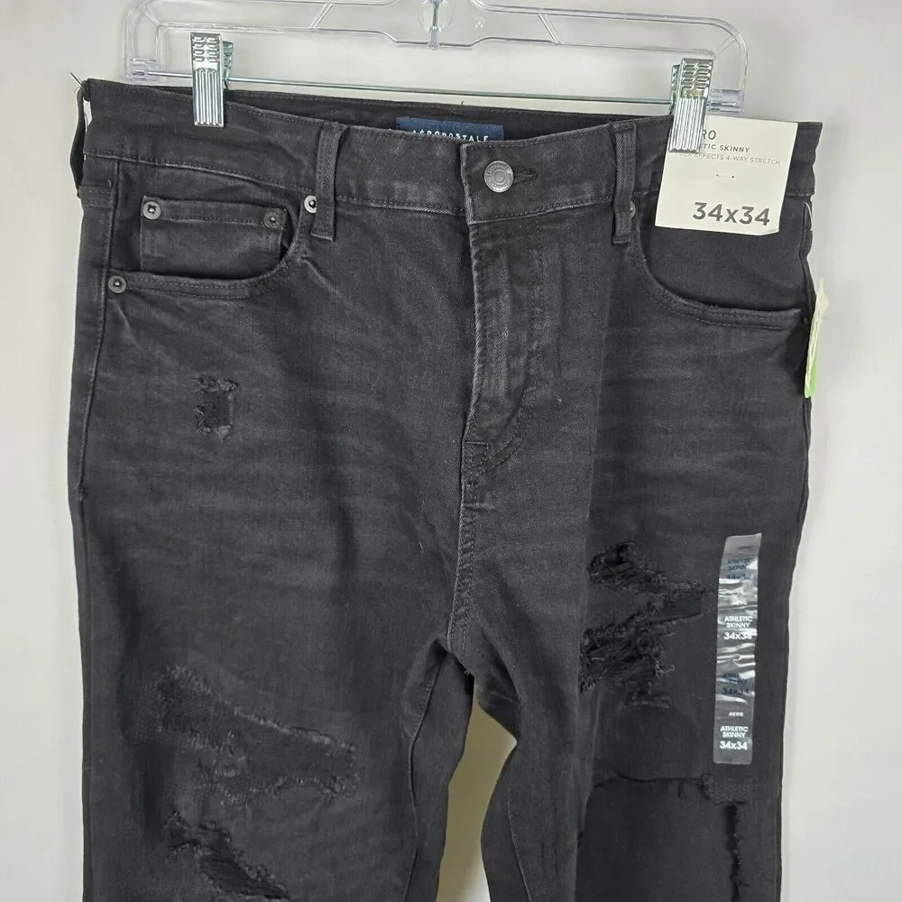 Aeropostale Aero Athletic Skinny Jeans Men's 34 x 34 Black Distressed NWT